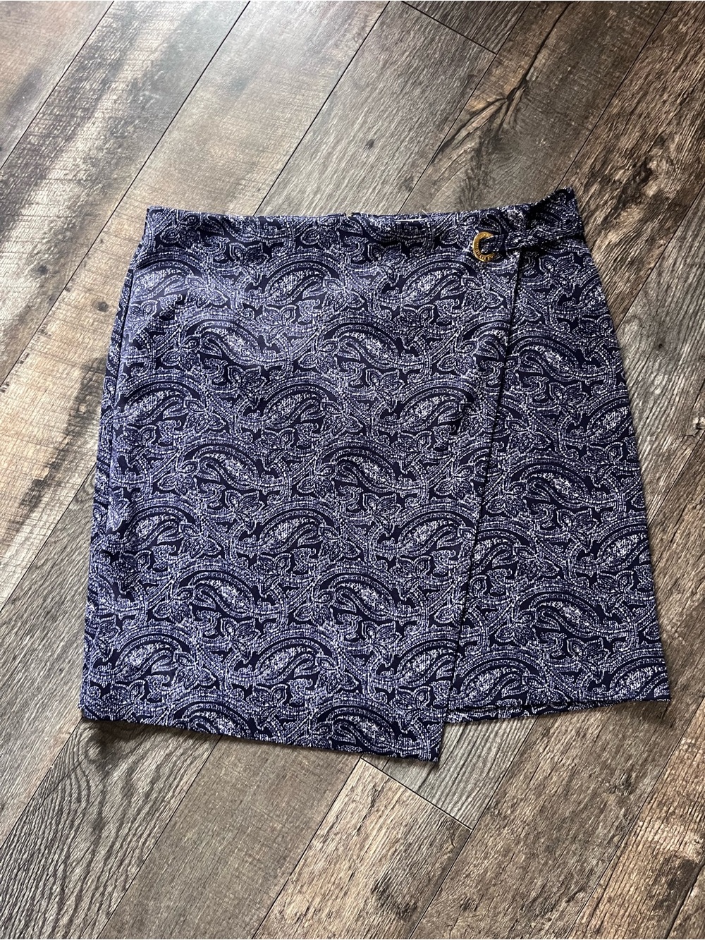 Michael Kors Navy Blue & White Paisley Faux-Wrap Skirt - L